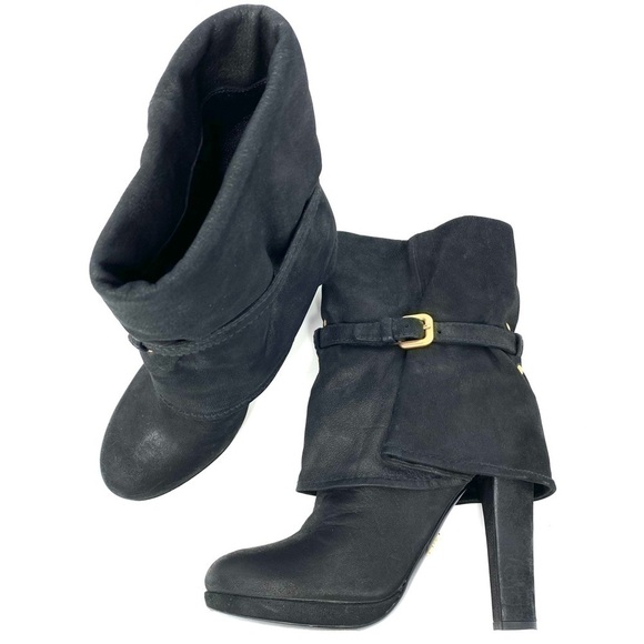 PRADA BLACK LAMBSKIN LEATHER CHUNKY PLATFORM HEELS BOOTS GOLD BUCKLE DETAIL 6.5 - Picture 1 of 14